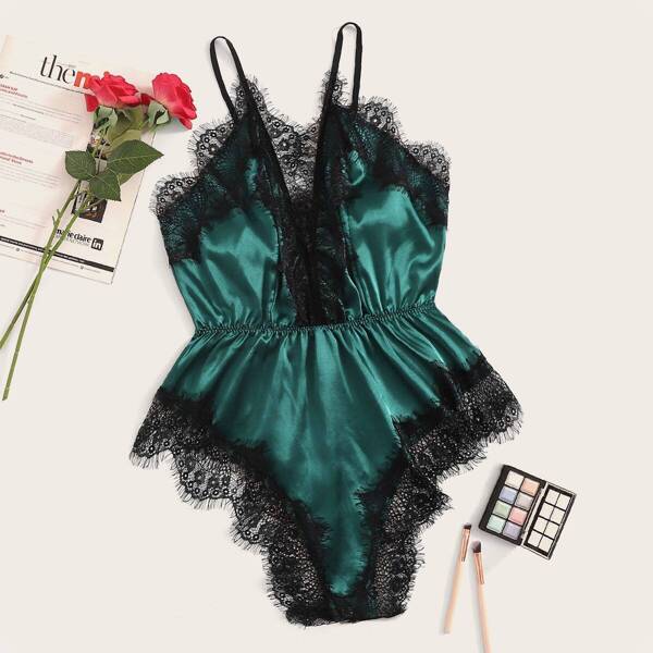 

Plus Lace Trim Satin Romper Bodysuit