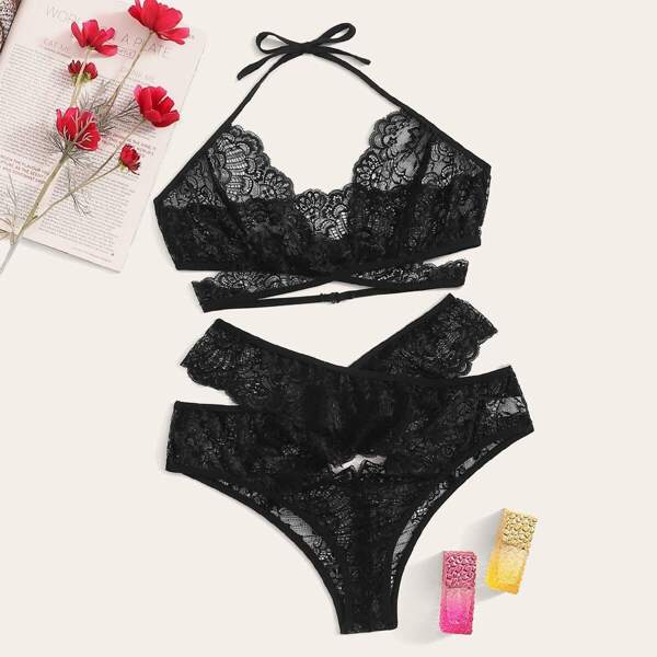 

Plus Lace Halter Cut Out Lingerie Set, Black