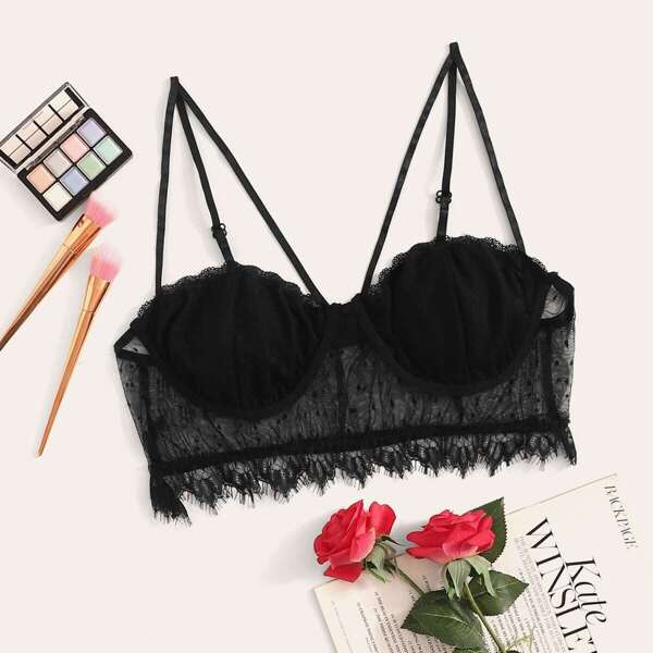 

Plus Polka Dot Lace Bralette, Black