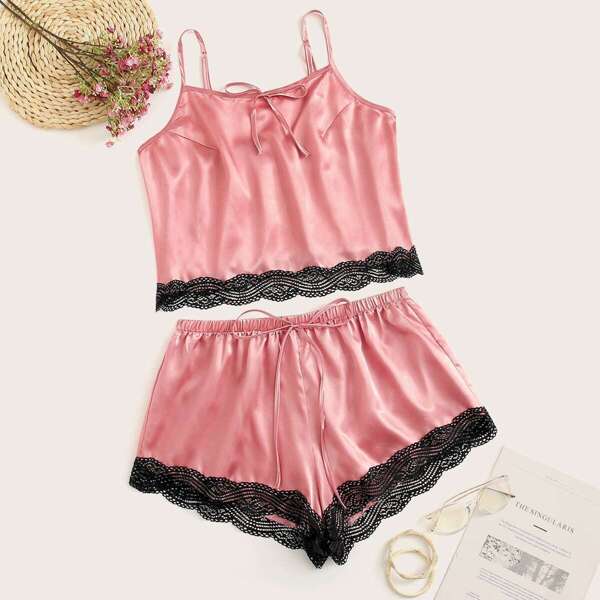 

Plus Lace Trim Satin Cami Top & Shorts