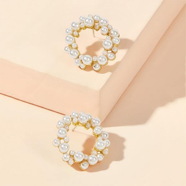 

Faux Pearl Decor Circle Hoop Earrings 1pair, White