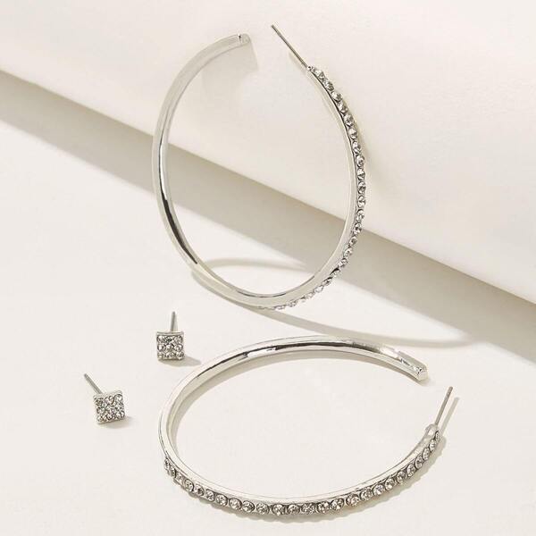 

Rhinestone Engraved Oversized Hoop & Stud Earrings 2pairs