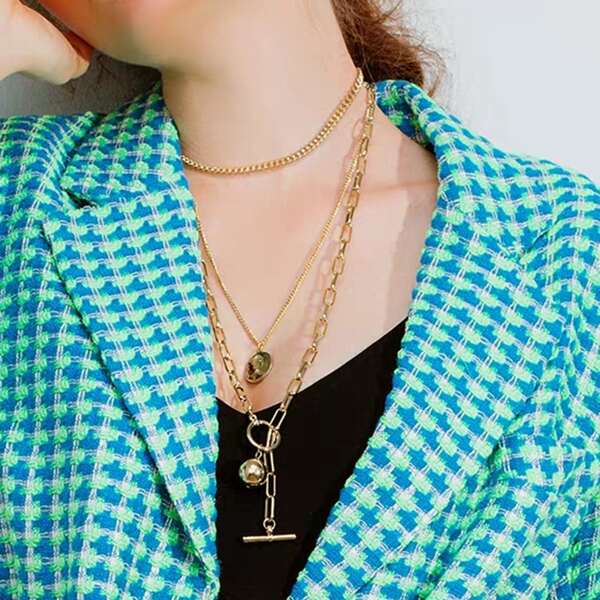 

Coin Pendant Layered Chain Necklace 2pcs, Gold