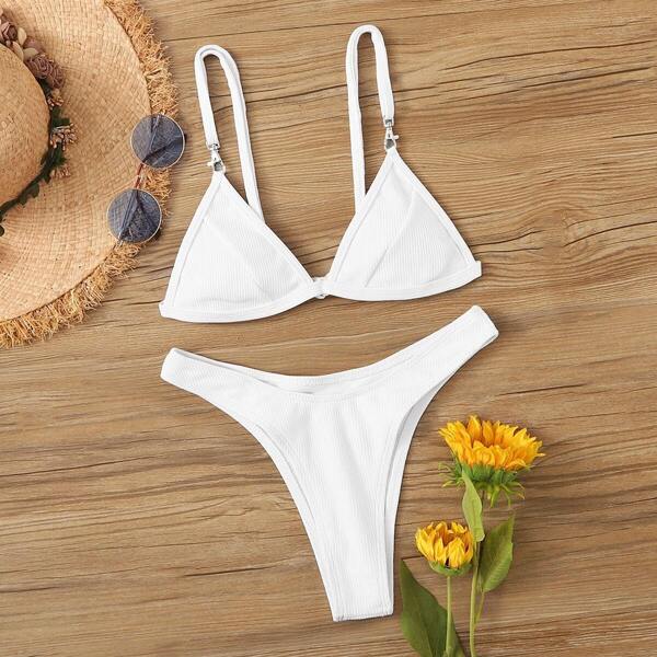 

Ribbed Triangle Top With High Leg Bikini Set, White