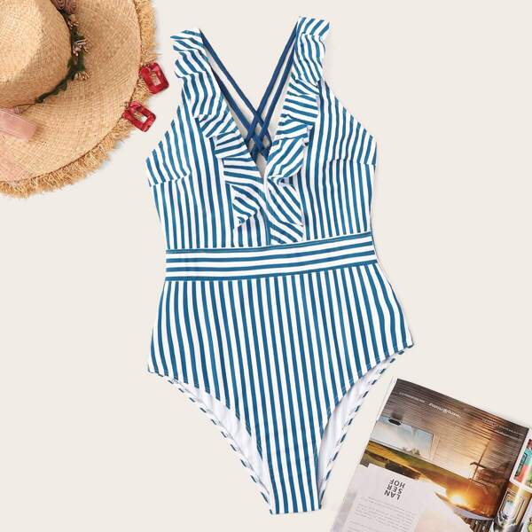 

Striped Criss-cross Ruffle One Piece Swimsuit, Multicolor