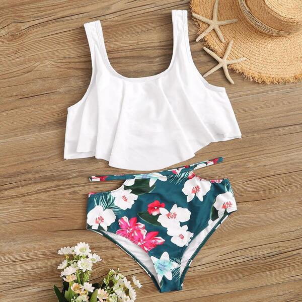 

Hanky Hem Top With Random Floral Bikini Set