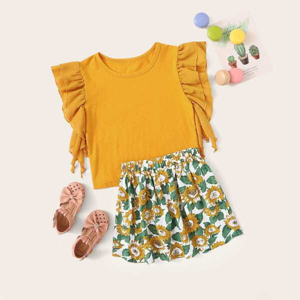 

Girls Layered Ruffle Armhole Top & Sunflower Skirt Set, Multicolor