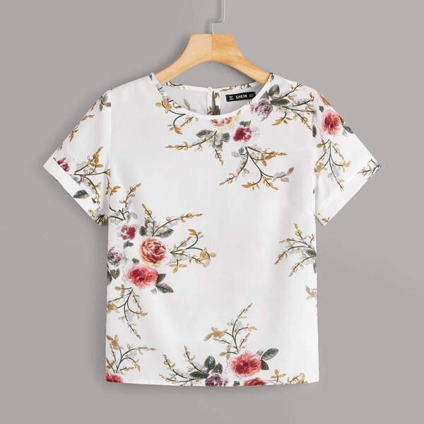 

Keyhole Back Botanical Print Blouse, White