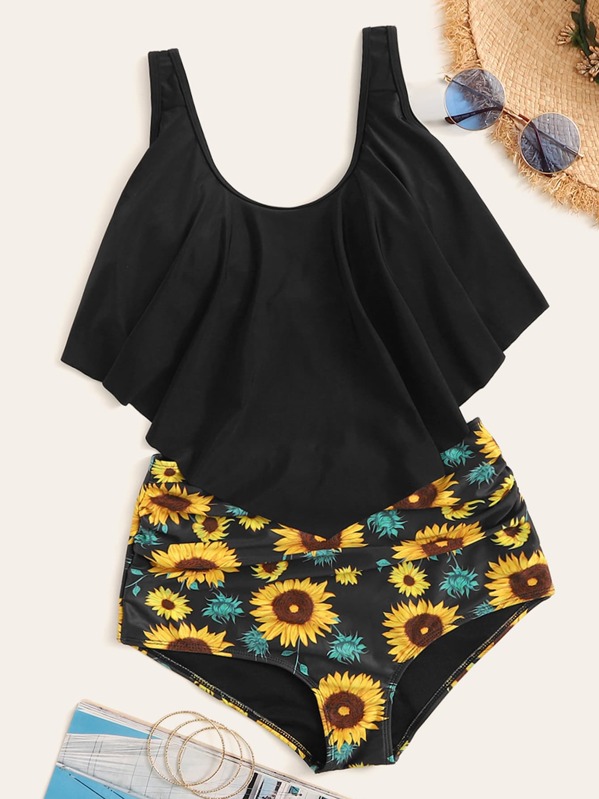 

Hanky Hem Top With Random Sunflower Print Bikini Set, Multicolor