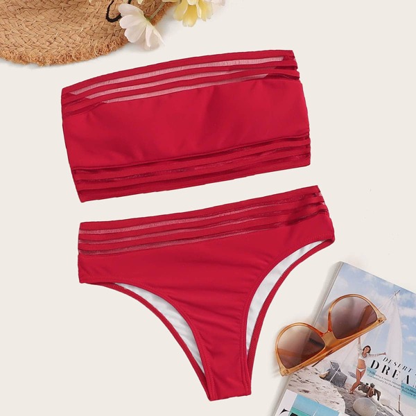 

Mesh Panel Bandeau Bikini Set, Red
