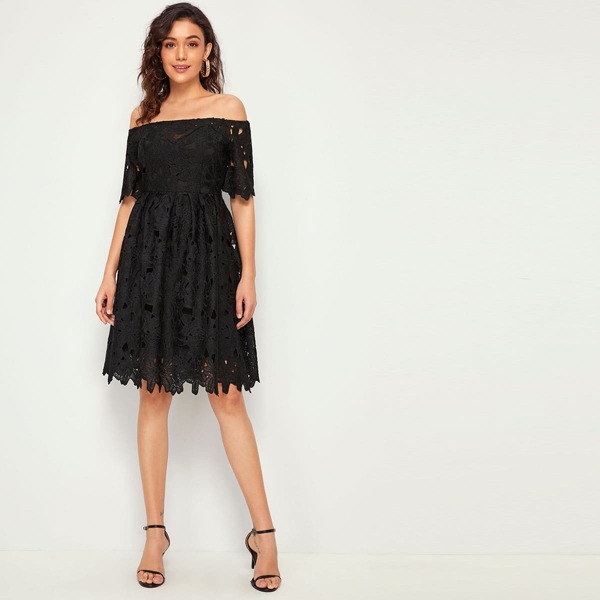 

Off Shoulder Guipure Lace Solid Dress, Black