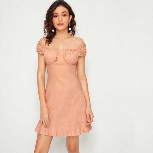 

Off Shoulder Frill Trim Flippy Hem Dress, Pink pastel