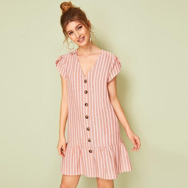 

Petal Sleeve Drop Waist Button Up Striped Dress
