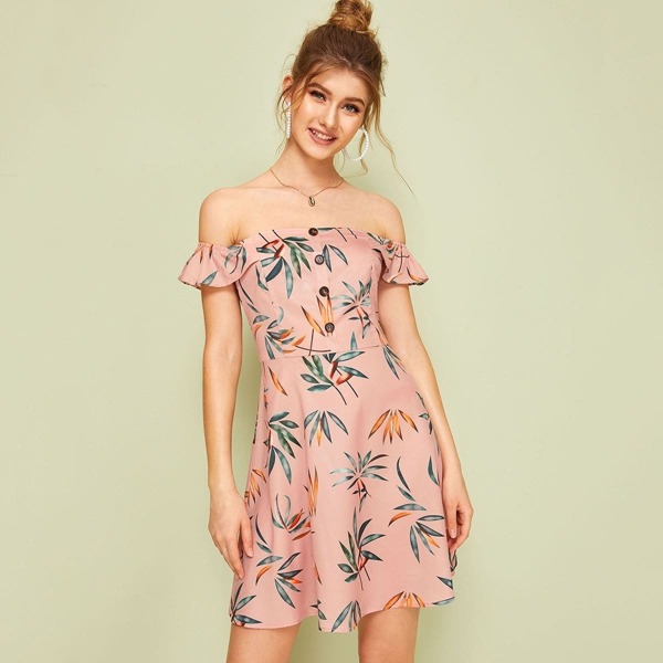 

Zip Back Plants Print Button Front Bardot Dress, Pink pastel