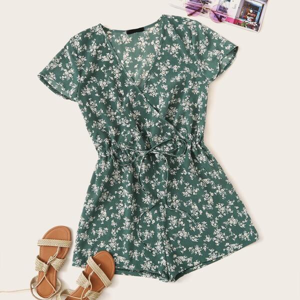 

Ditsy Floral Drawstring Waist Wrap Romper, Green