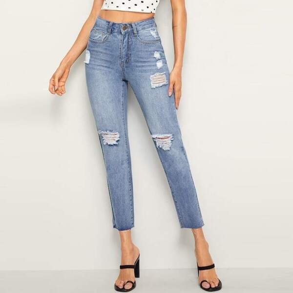 

Ripped Raw Hem 5-pocket Jeans