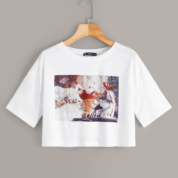 

Figure & Letter Print Crop Tee, White