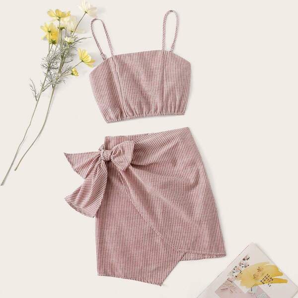 

Shirred Back Striped Top & Tie Side Wrap Skirt Set