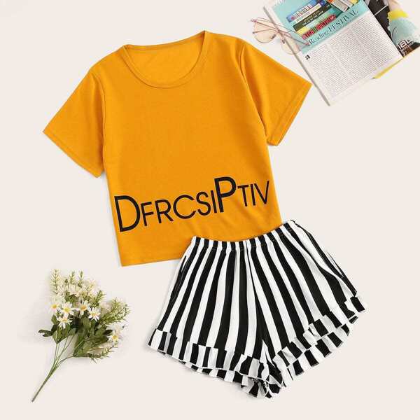 

Letter Print Top & Striped Shorts PJ Set