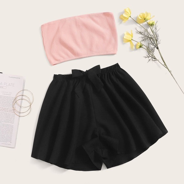

Rib Bandeau & Tie Waist Shorts PJ Set