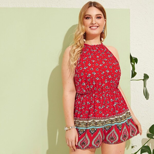 

Plus Tribal & Floral Print Halterneck Romper, Red
