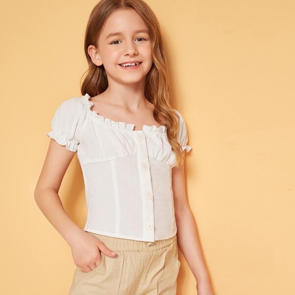 

Girls Ruffle Trim Buttoned Front Shirt, White