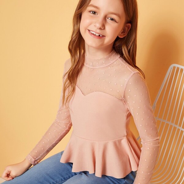 

Girls Mock-Neck Dot Mesh Shoulder Cut Out Peplum Top