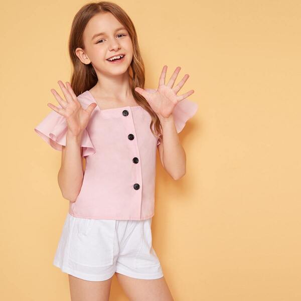 

Girls Square Neck Butterfly Sleeve Shirt, Pink