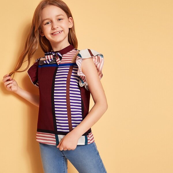 

Girls Bow Detail Ruffle Armhole Striped Top