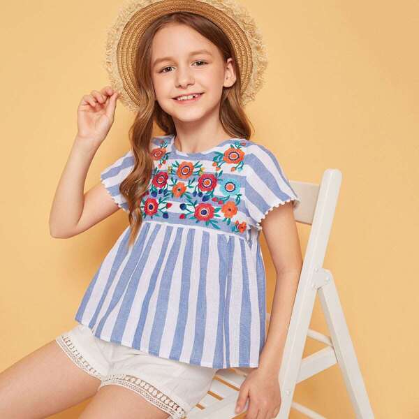 

Girls Pom Pom Trim Embroidered Striped Smock Top