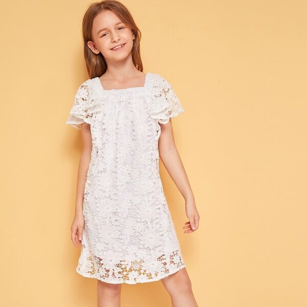 

Girls Guipure Lace Overlay Flutter Sleeve Dress, White
