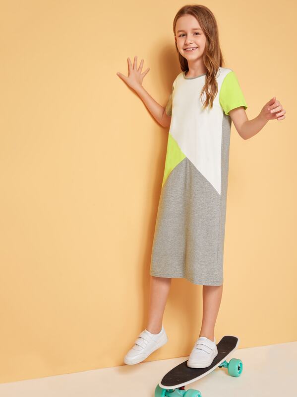 

Girls Neon Cut-and-Sew Tunic Dress, Multicolor, Sashab