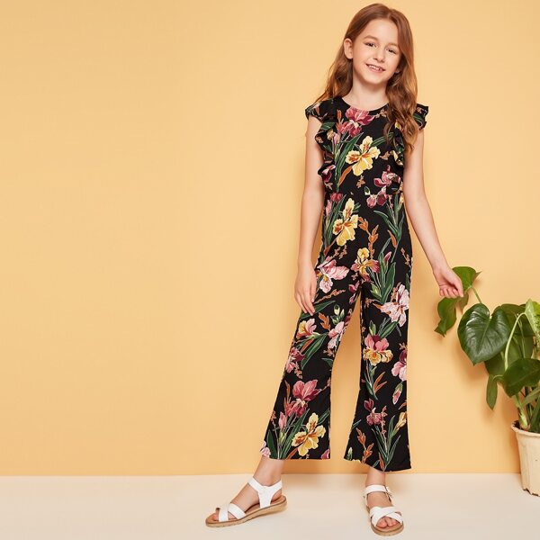

Girls Ruffle Armhole Floral Print Flare Leg Jumpsuit, Multicolor