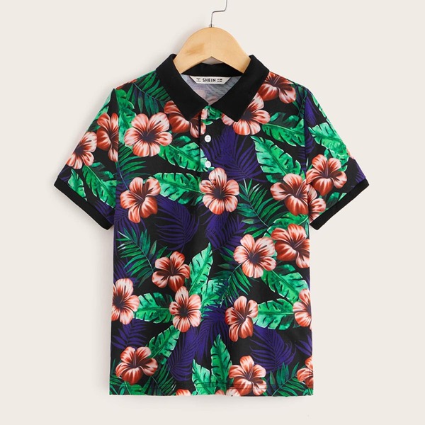 

Boys Tropical Print Contrast Collar and Cuff Polo Shirt
