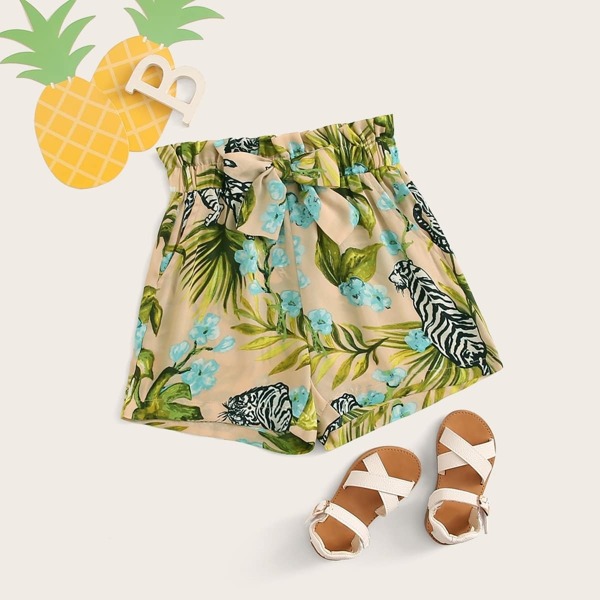 

Girls Paperbag Waist Tropical and Tiger Print Shorts