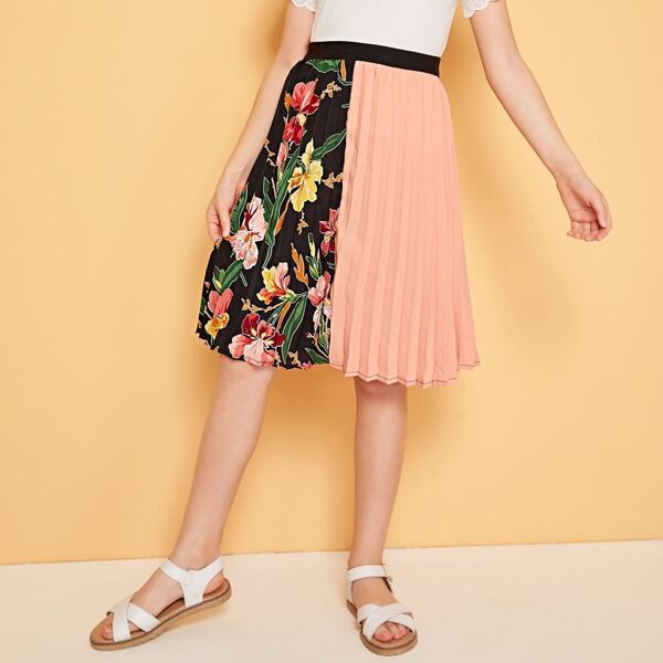 

Girls Botanical Print Colorblock Pleated Skirt, Multicolor