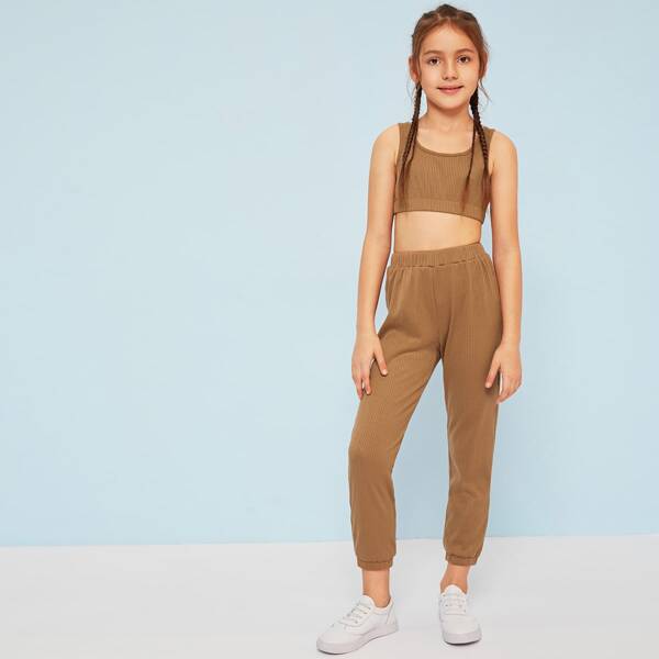 

Girls Ribbed Knit Crop Tank Top & Sweatpants Set