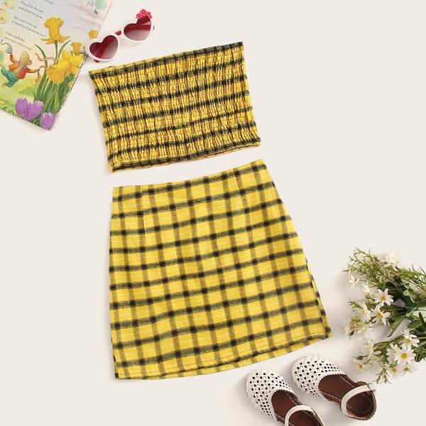 

Girls Shirred Plaid Bandeau Top & Skirt Set, Yellow