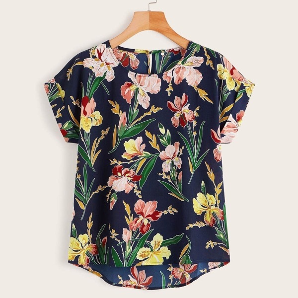 

Floral Print Dip Hem Blouse