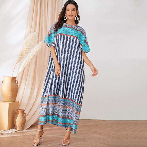 

Mixed Print Batwing Sleeve Self Belted Hijab Dress, Multicolor