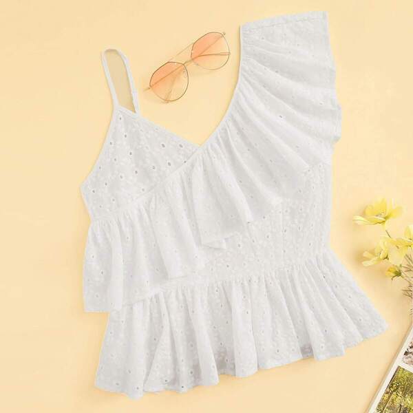 

Ruffle Asymmetrical Neck Embroidery Eyelet Peplum Top
