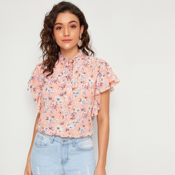 

Tie Neck Butterfly Sleeve Ditsy Floral Top