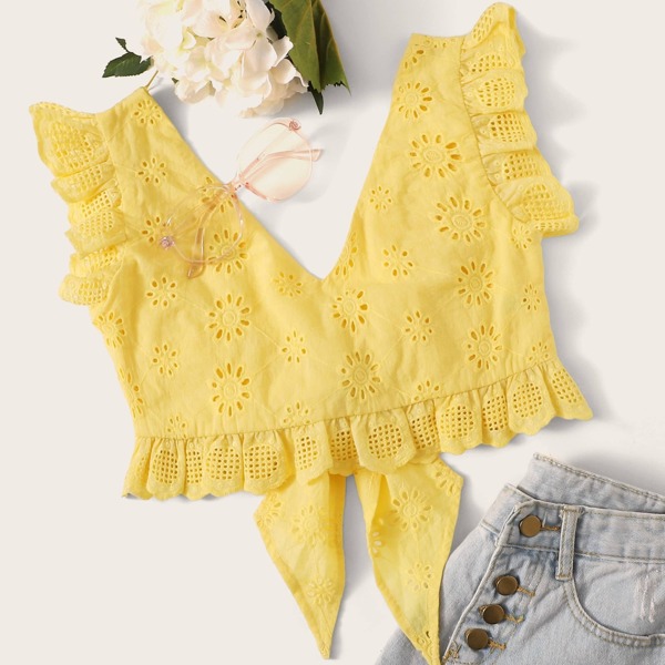 

Tie Back Ruffle Trim Schiffy Crop Top, Yellow