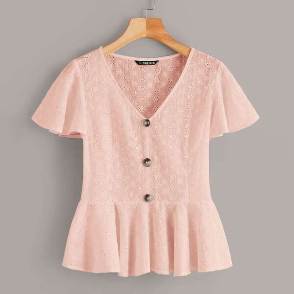 

Schiffy Eyelet Button Up Peplum Tea Top