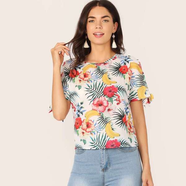 

Floral and Tropical Print Knot Cuff Top