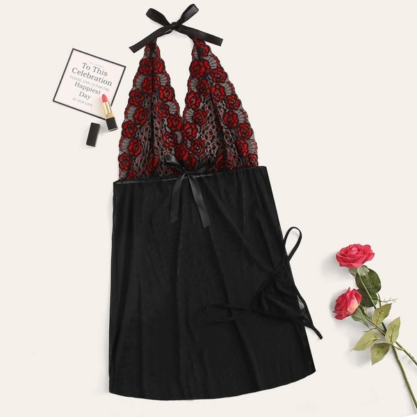 

Plus Contrast Lace Sheer Dress With Thong