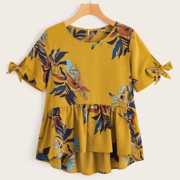 

Plus Floral Print Knot Cuff Blouse, Yellow