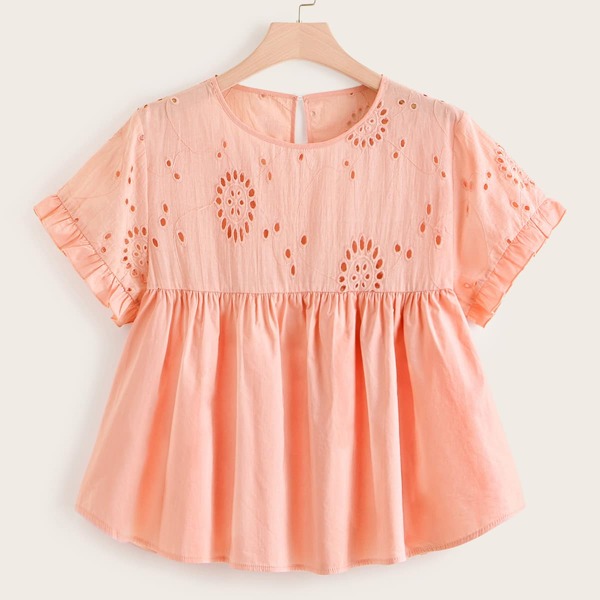 

Plus Eyelet Embroidered Ruffle Hem Blouse, Pink