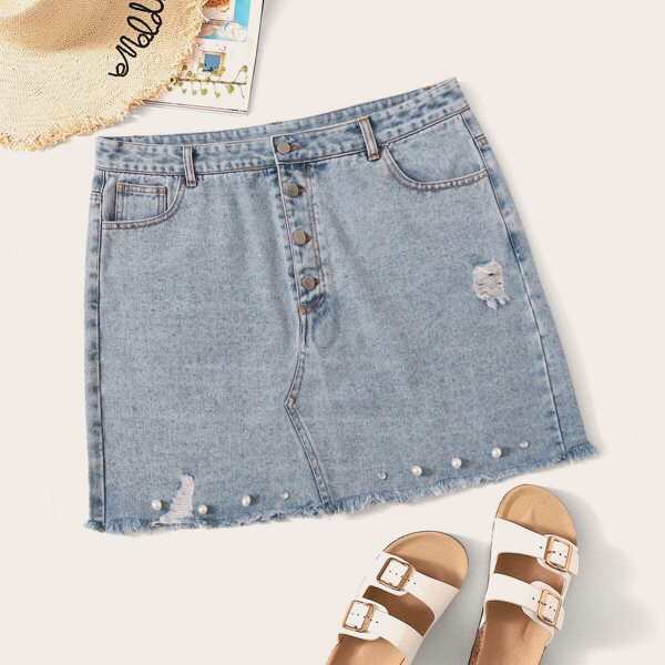 

Plus Raw Hem Beaded Denim Skirt