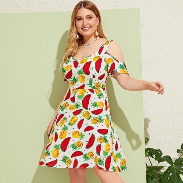 

Plus Cold Shoulder Fruit Print Dress